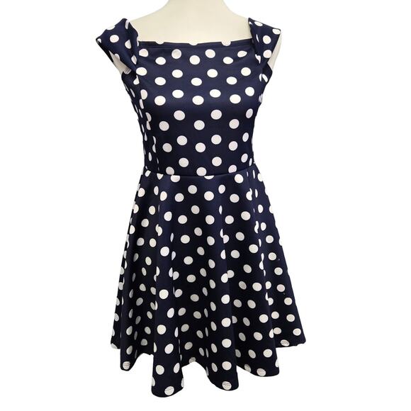 New No Boundaries Juniors Large 11/13 Navy Off Shoulder Polka Dot Skater Dress - Picture 1 of 5
